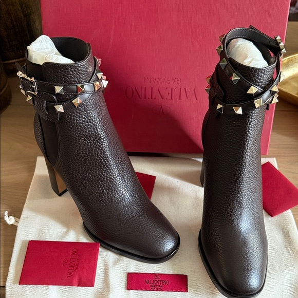 Valentino Shoes - Valentino Dark Brown Studded Ankle Heeled Boots